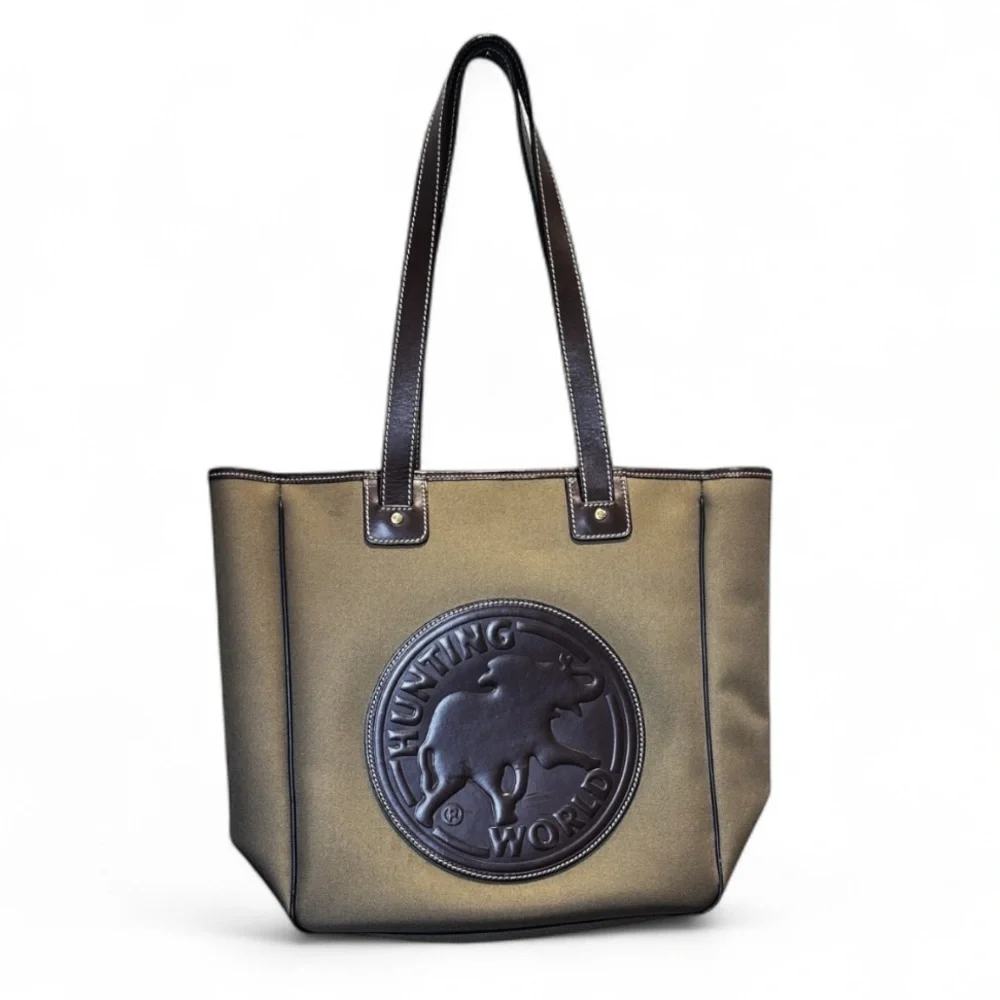 HUNTING WORLD Canvas Tote Bag With Leather Trims Khaki EUC